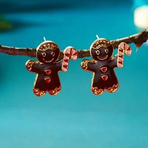 Gingerbread-man Christmas Brown Gold CandyCane Earrings